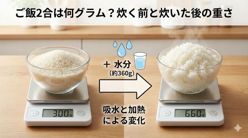 1.ご飯2合は何グラム?炊く前と炊いた後の重さ