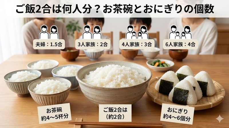 3.ご飯2合は何人分?お茶碗とおにぎりの個数