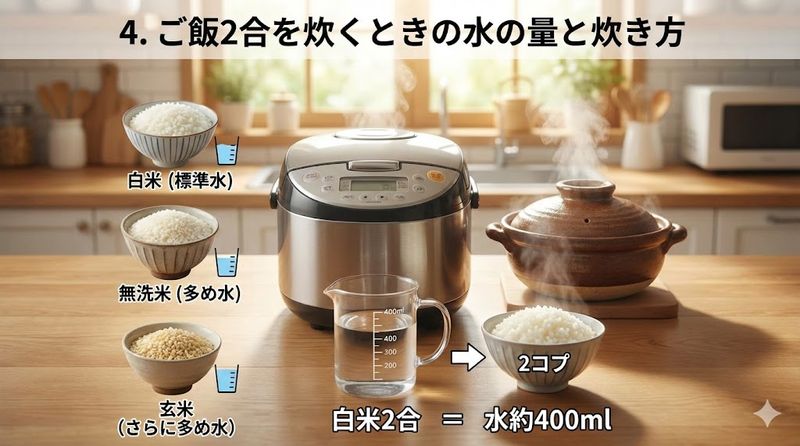 4.ご飯2合を炊くときの水の量と炊き方