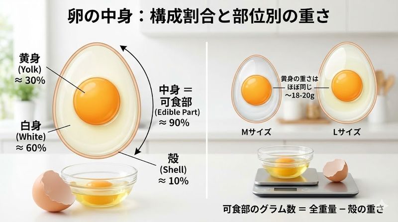 2.卵の中身の構成と部位別の重さ